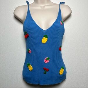 Zara Women Tank Top Medium Blue Rib‎ Knit Fruit Cheery Strawberry Lemon Kitchsy
